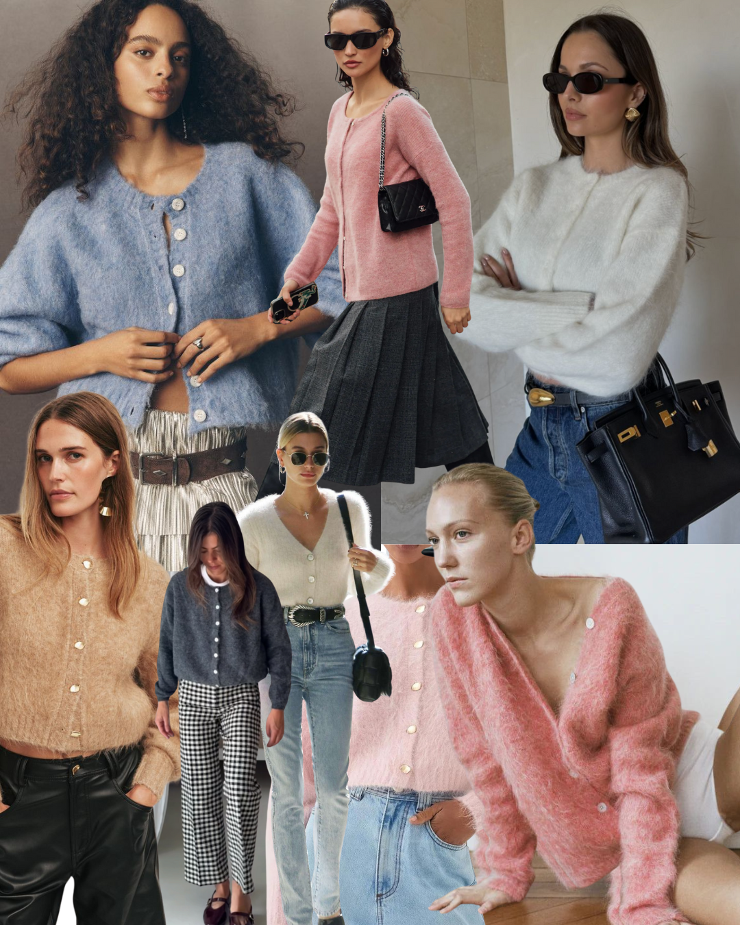 a collage of brushed hairy cardigans
