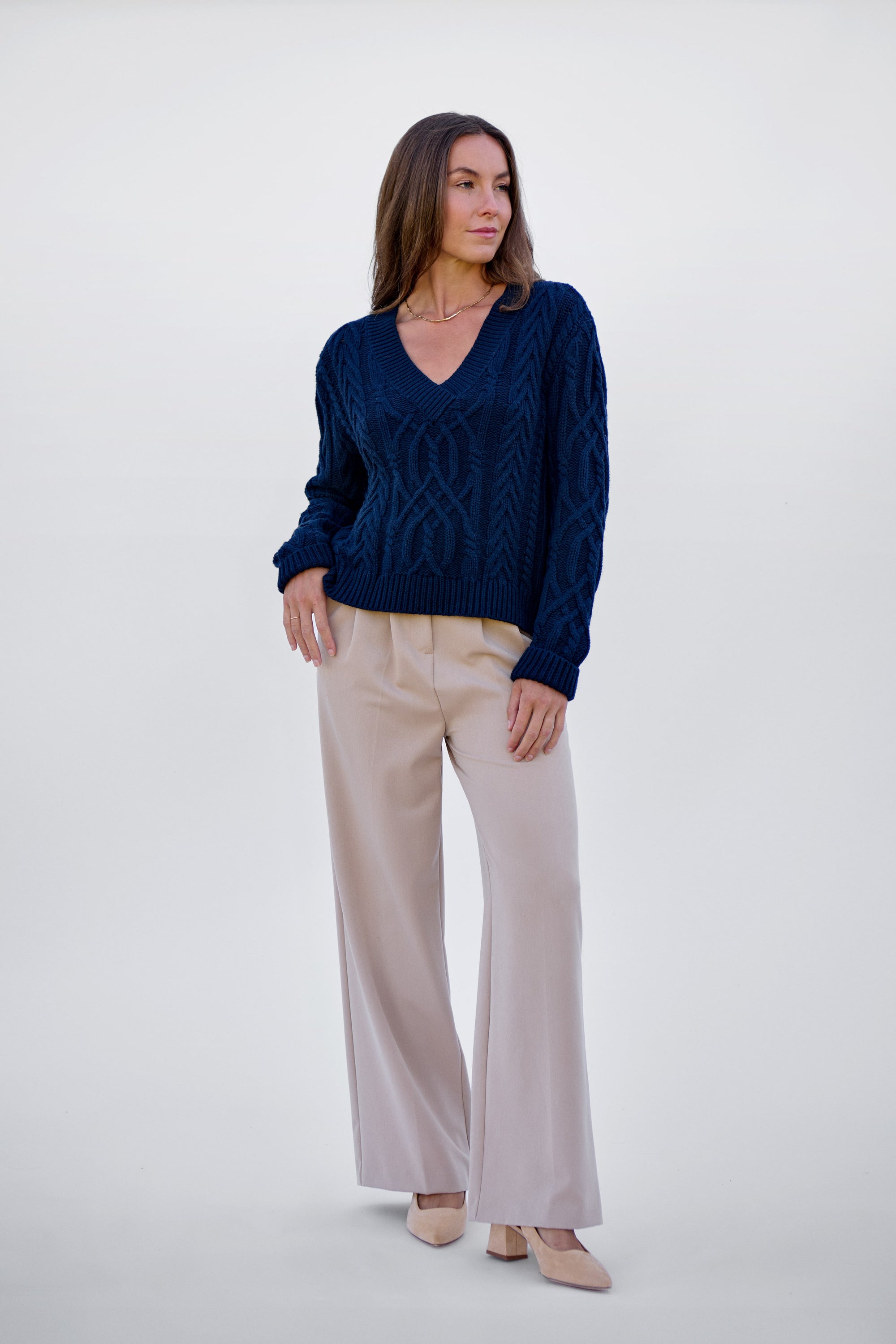 Navy V- Neck Cable