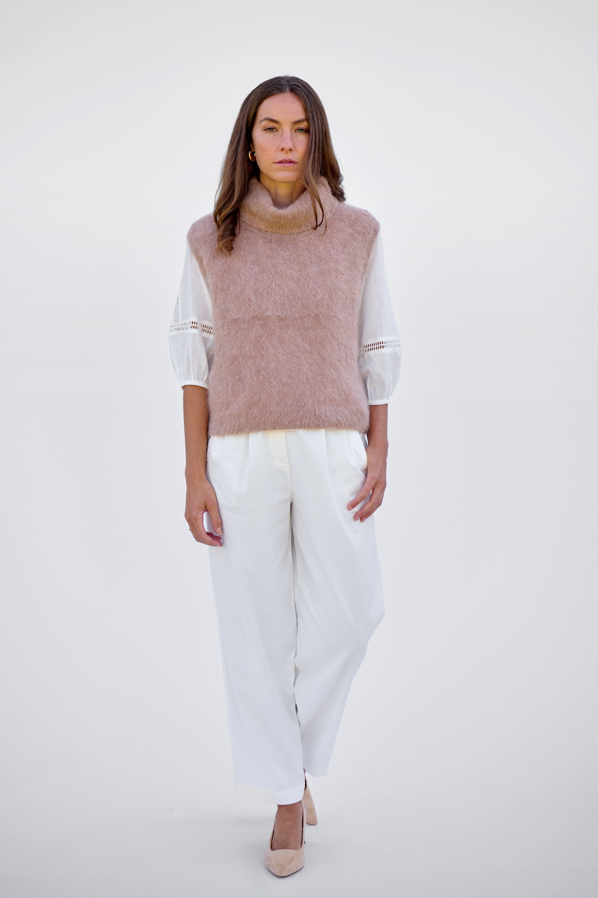 Oat Brushed Sleeveless Roll Neck