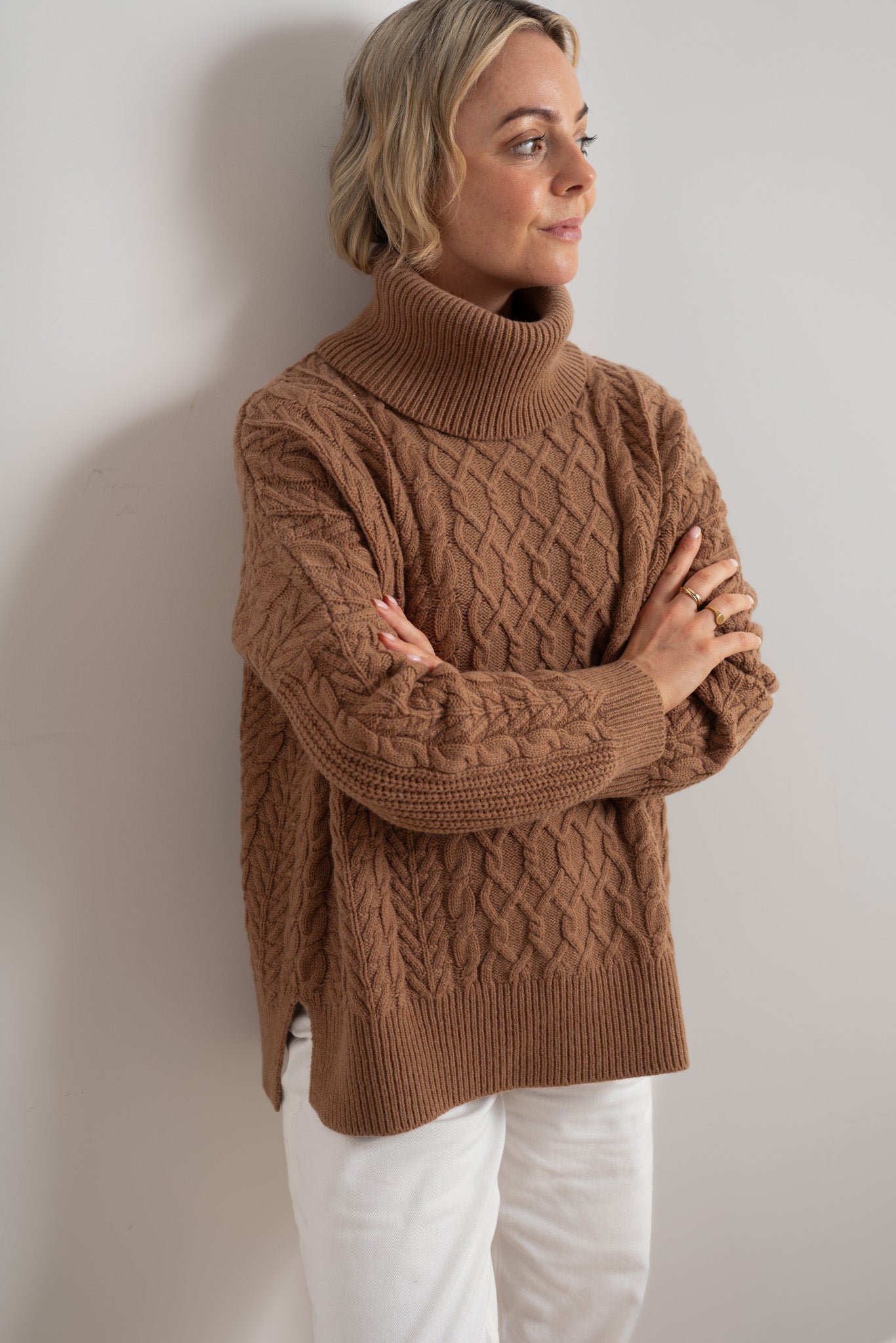 Camel Merino Cable Roll Neck